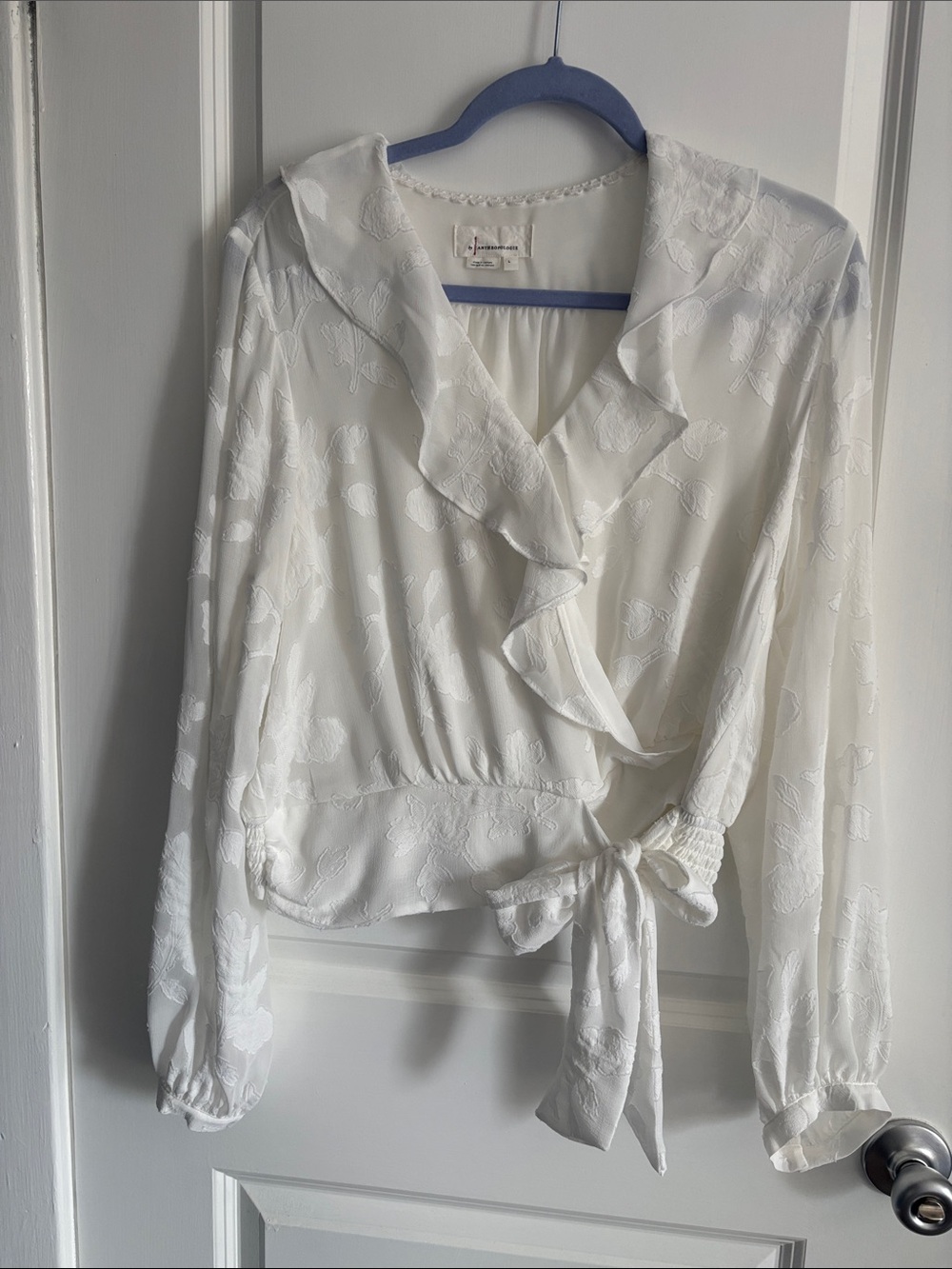 Anthropologie Cream Floral Wrap Blouse with Ruffle Collar